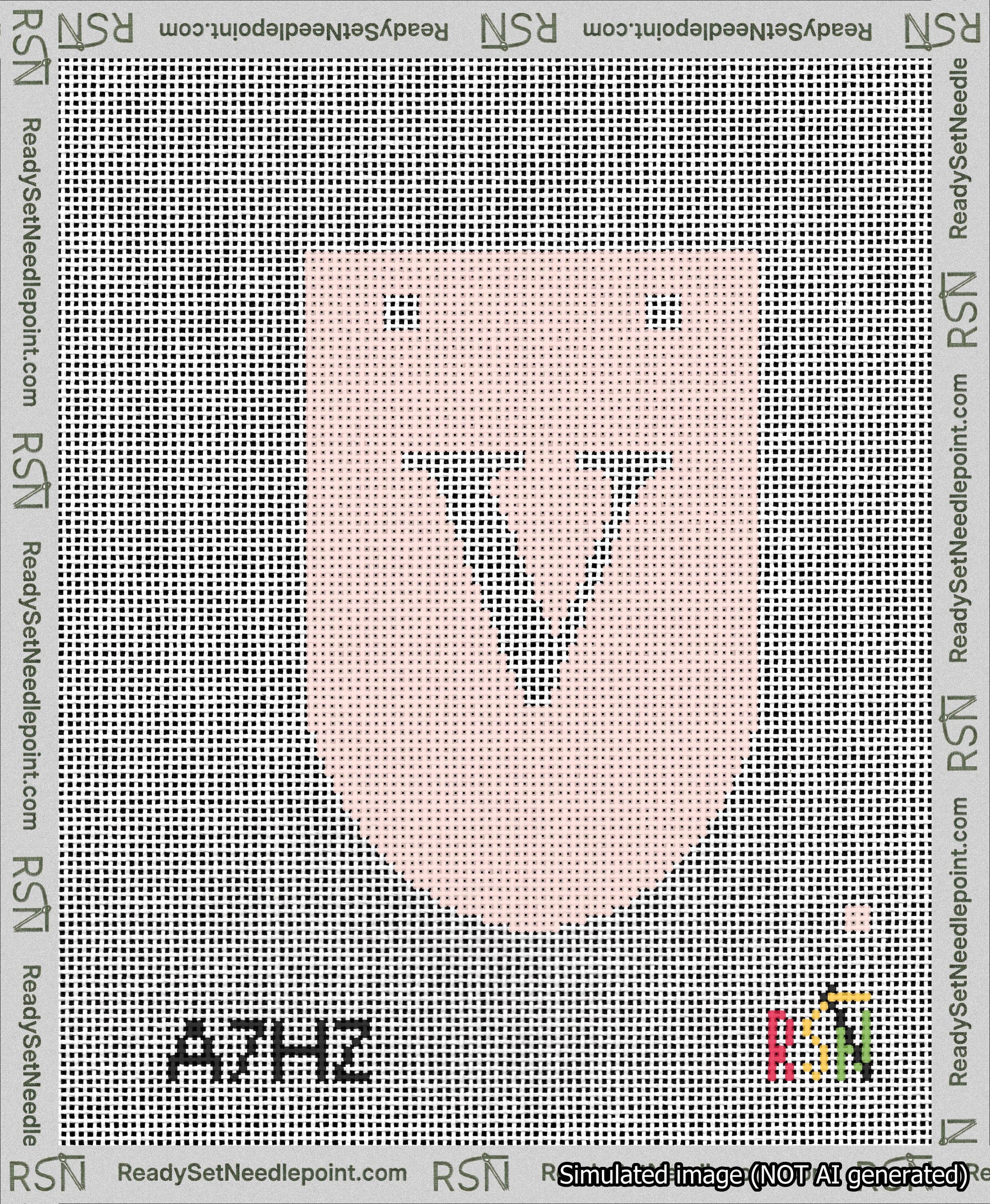 A taped needlepoint canvas with the design: Banner 13 mesh count Rounded V White on Pink.
