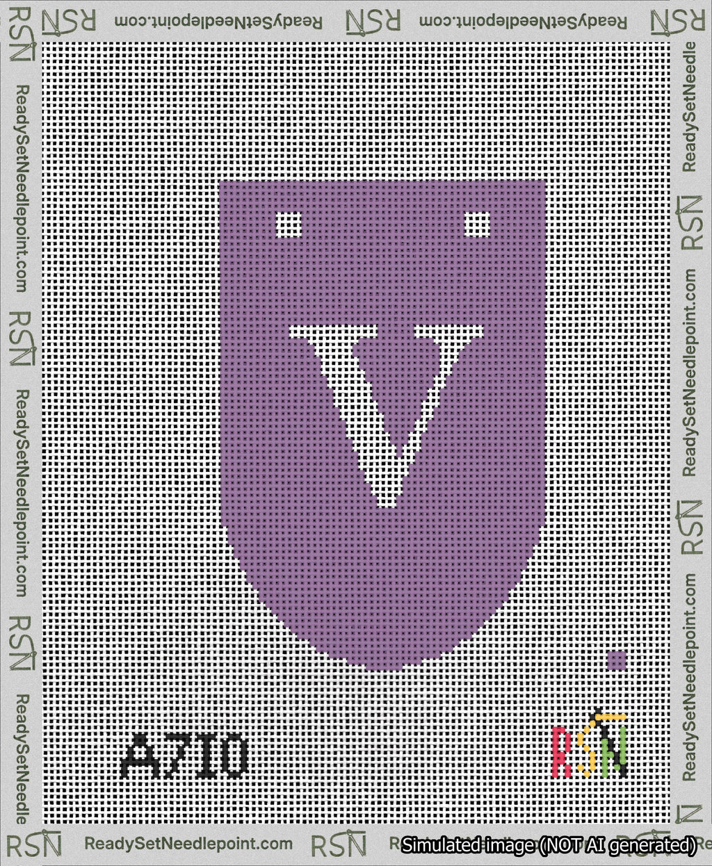 A taped needlepoint canvas with the design: Banner 13 mesh count Rounded V White on Purple.