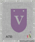 A taped needlepoint canvas with the design: Banner 13 mesh count Rounded V White on Purple.