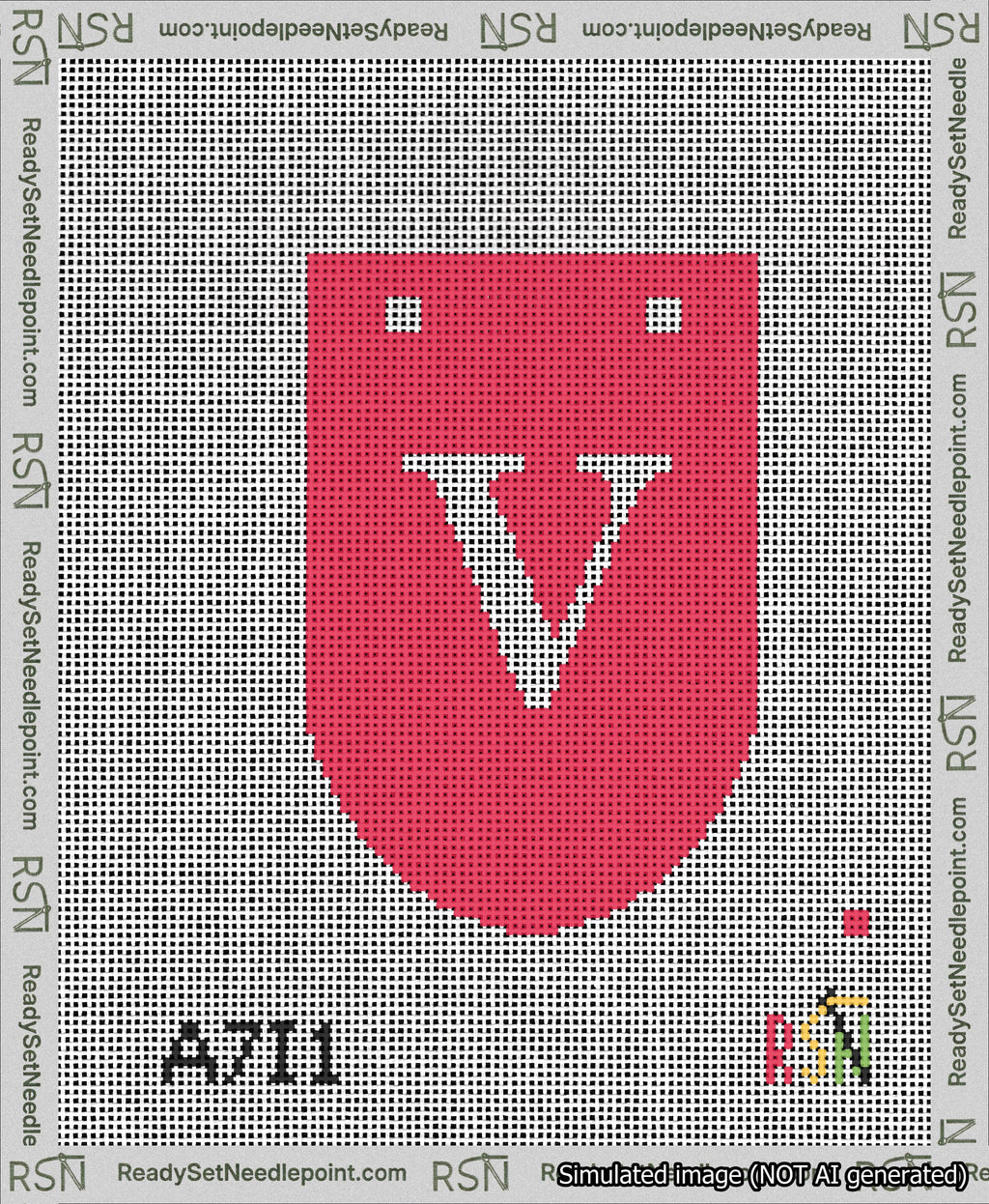 A taped needlepoint canvas with the design: Banner 13 mesh count Rounded V White on Red.