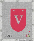 A taped needlepoint canvas with the design: Banner 13 mesh count Rounded V White on Red.