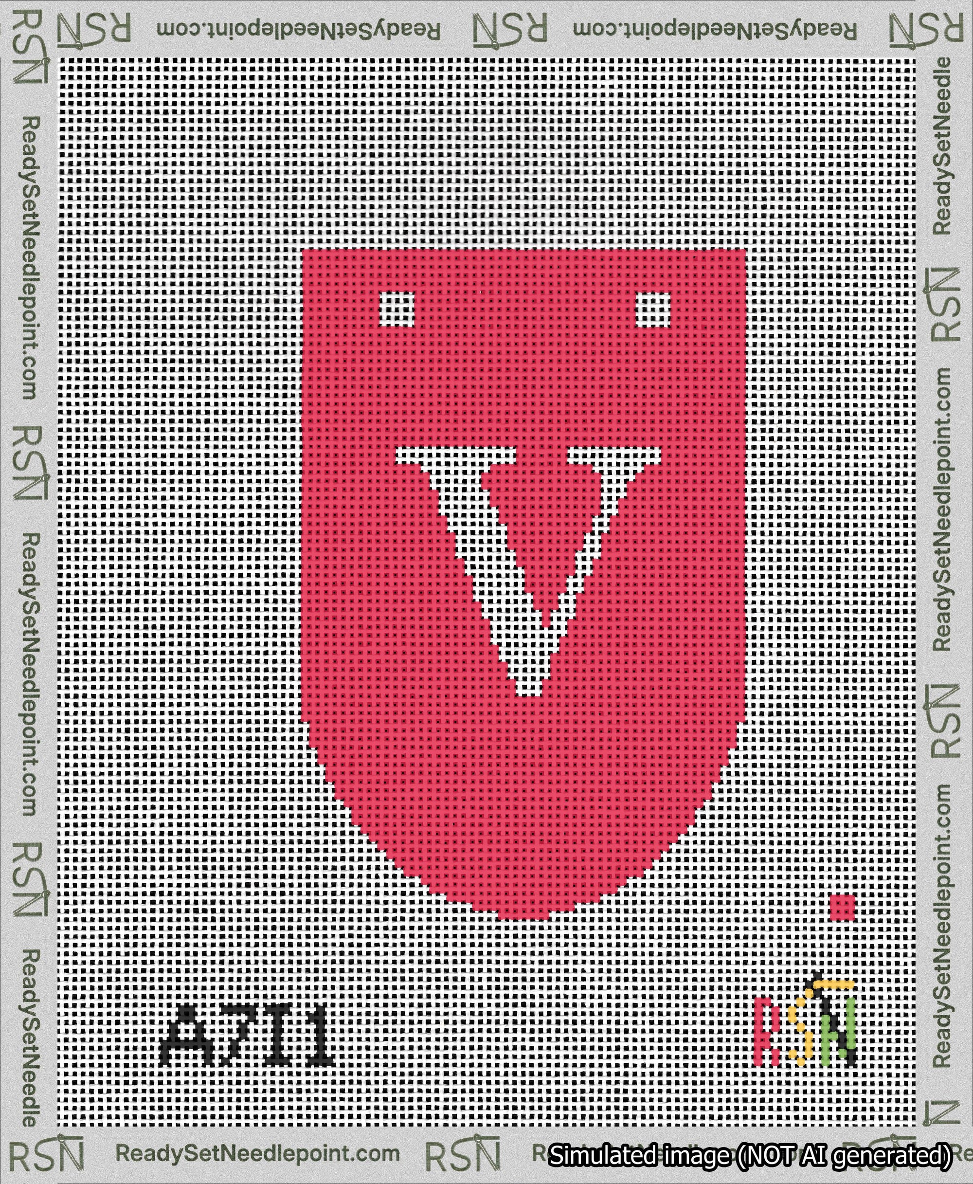 A taped needlepoint canvas with the design: Banner 13 mesh count Rounded V White on Red.