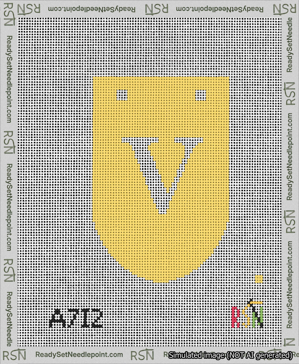 A taped needlepoint canvas with the design: Banner 13 mesh count Rounded V White on Yellow.