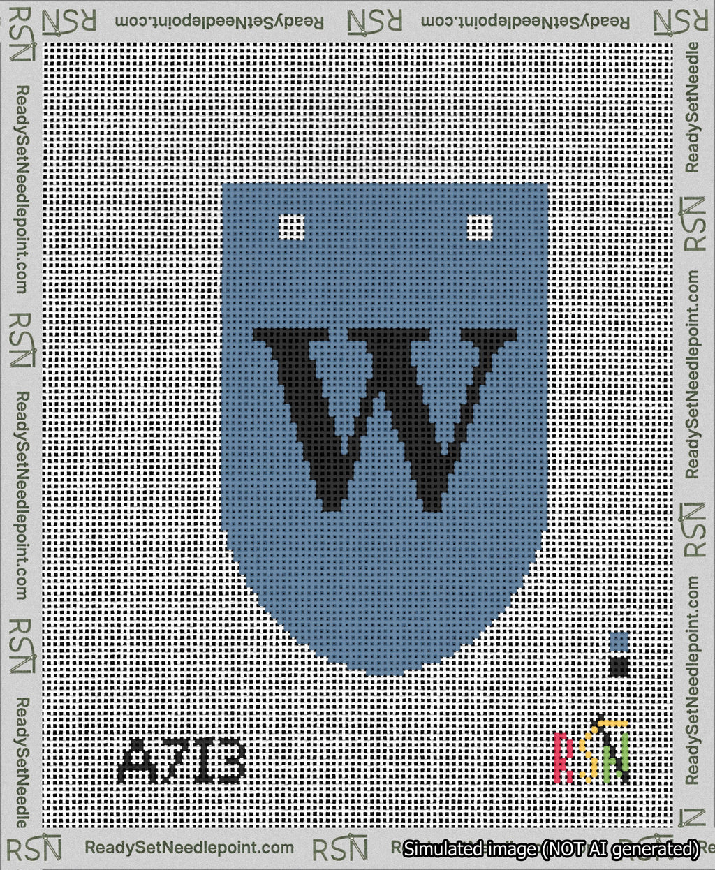 A taped needlepoint canvas with the design: Banner 13 mesh count Rounded W Black on Blue.