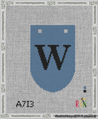 A taped needlepoint canvas with the design: Banner 13 mesh count Rounded W Black on Blue.
