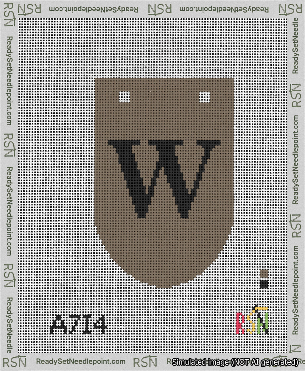 A taped needlepoint canvas with the design: Banner 13 mesh count Rounded W Black on Brown.