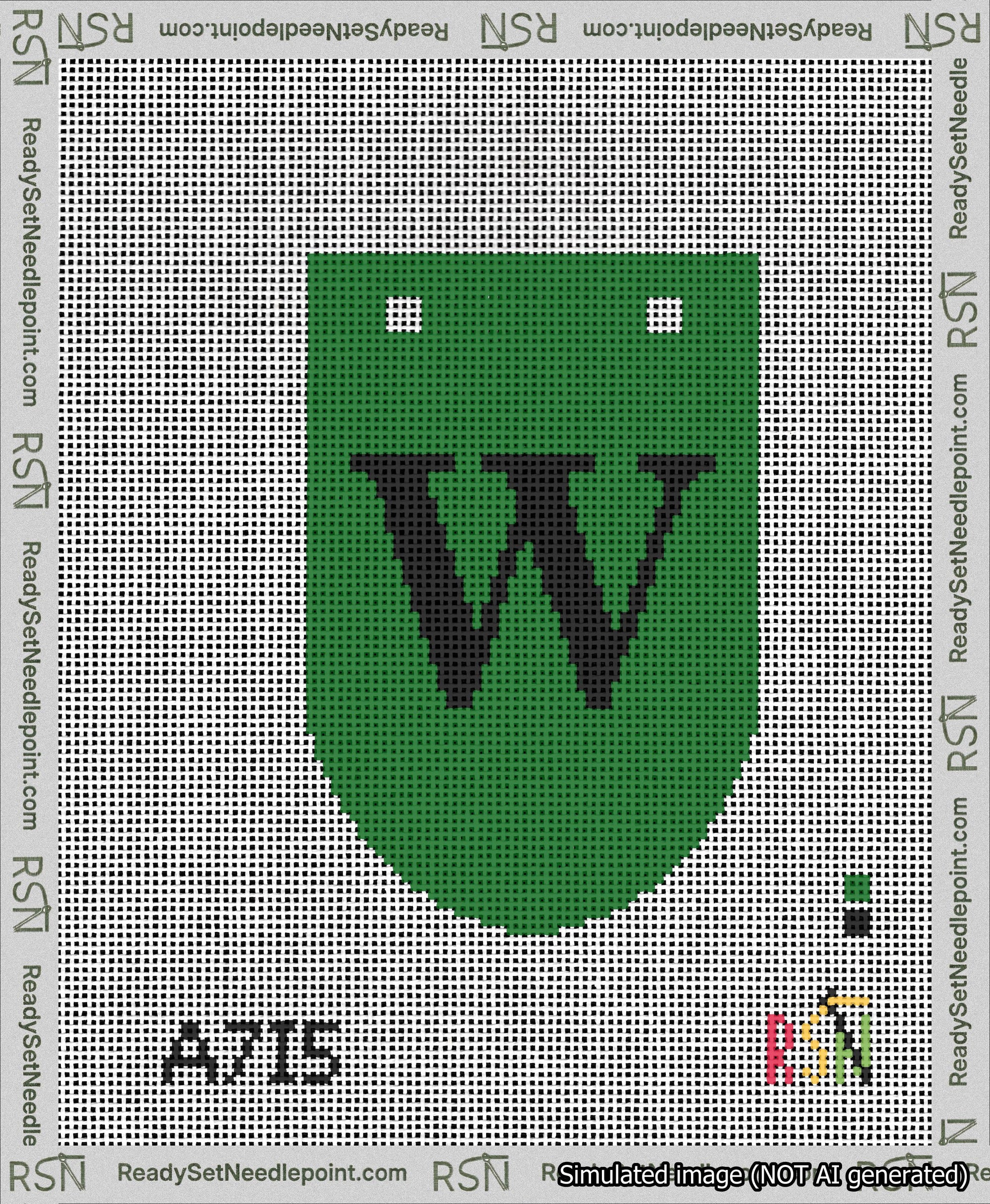 A taped needlepoint canvas with the design: Banner 13 mesh count Rounded W Black on Green.
