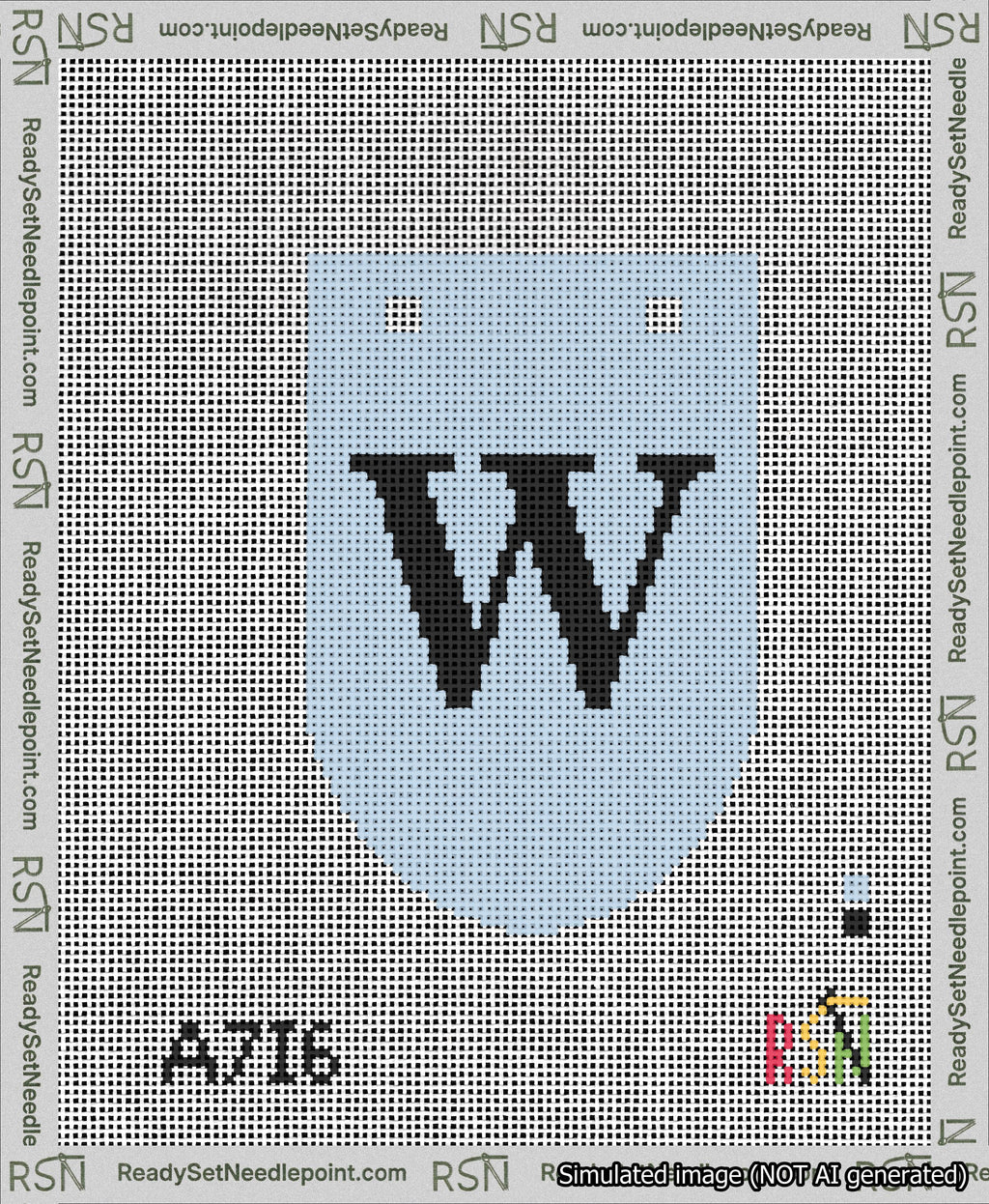 A taped needlepoint canvas with the design: Banner 13 mesh count Rounded W Black on Light Blue.