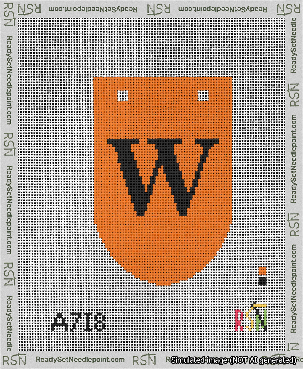 A taped needlepoint canvas with the design: Banner 13 mesh count Rounded W Black on Orange.
