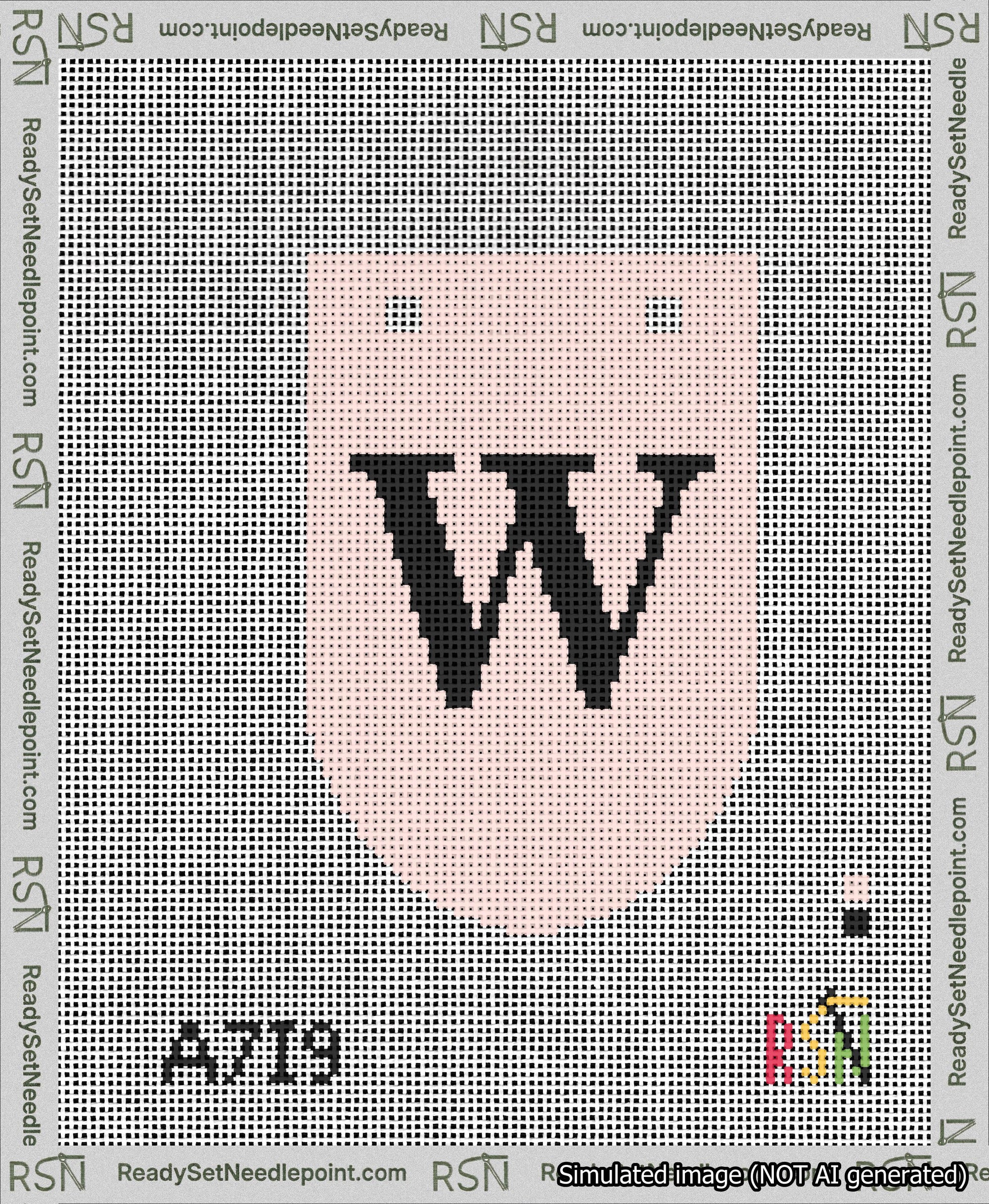 A taped needlepoint canvas with the design: Banner 13 mesh count Rounded W Black on Pink.