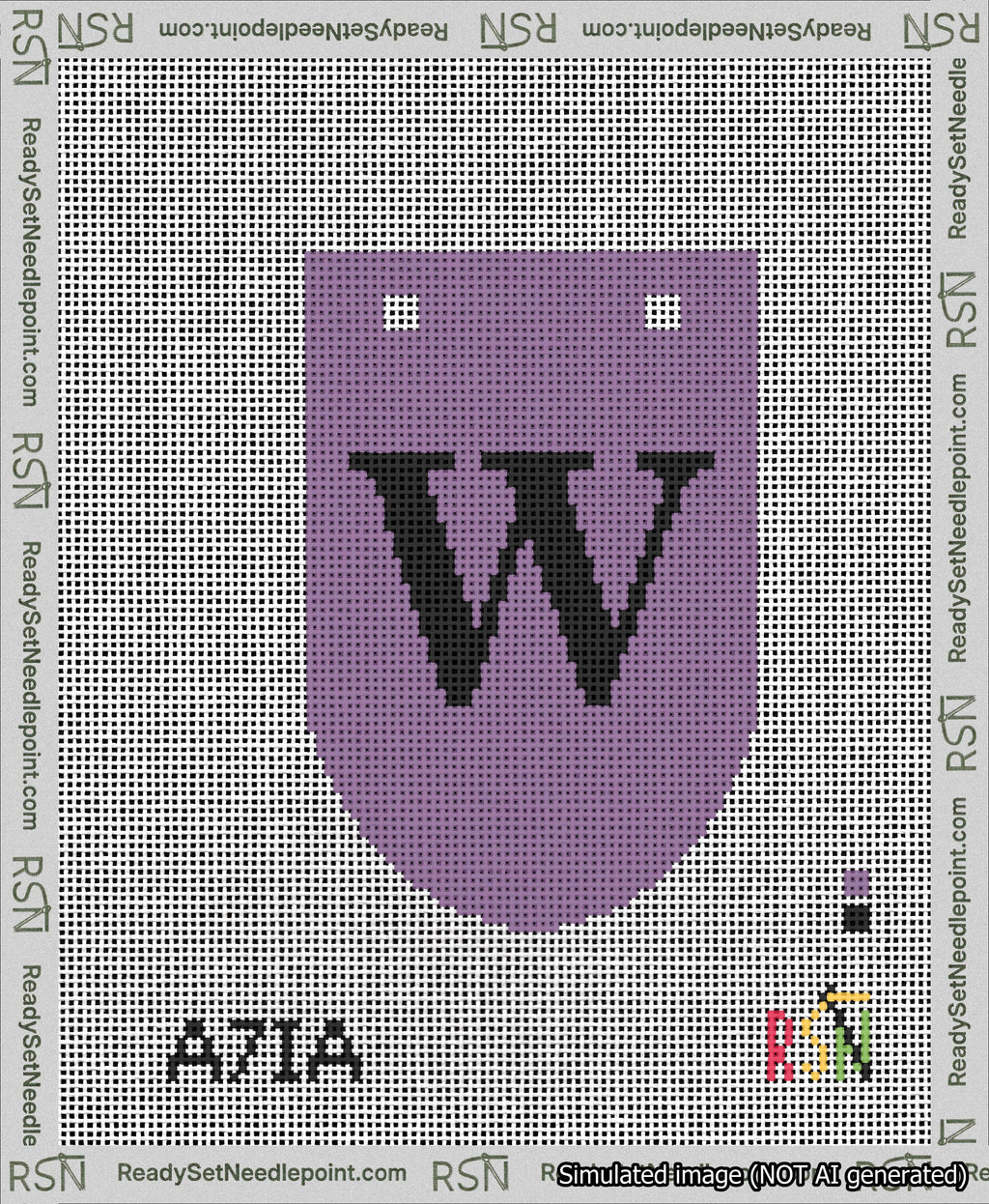 A taped needlepoint canvas with the design: Banner 13 mesh count Rounded W Black on Purple.