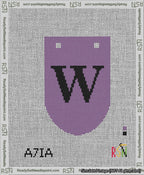 A taped needlepoint canvas with the design: Banner 13 mesh count Rounded W Black on Purple.