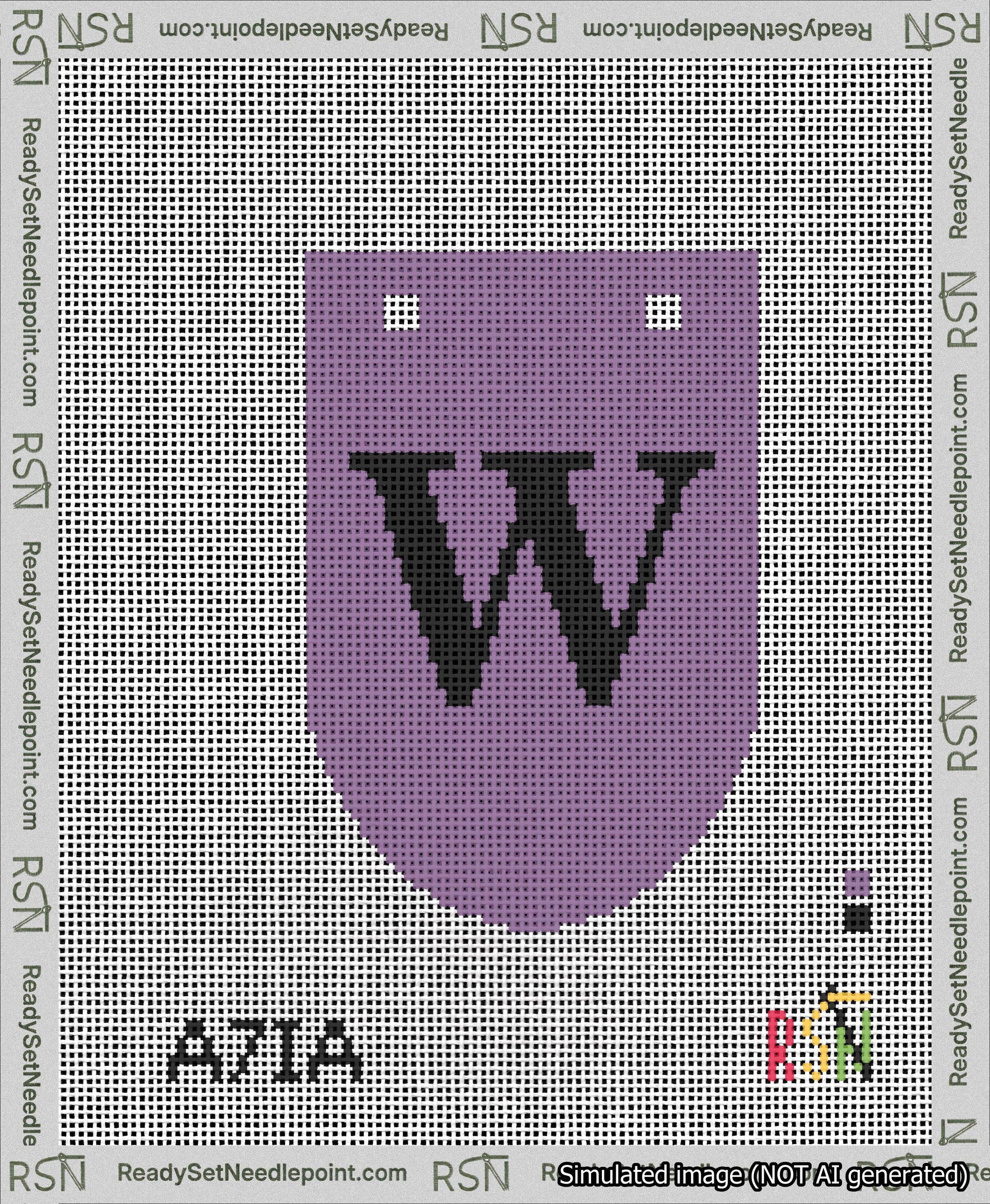 A taped needlepoint canvas with the design: Banner 13 mesh count Rounded W Black on Purple.
