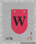 A taped needlepoint canvas with the design: Banner 13 mesh count Rounded W Black on Red.