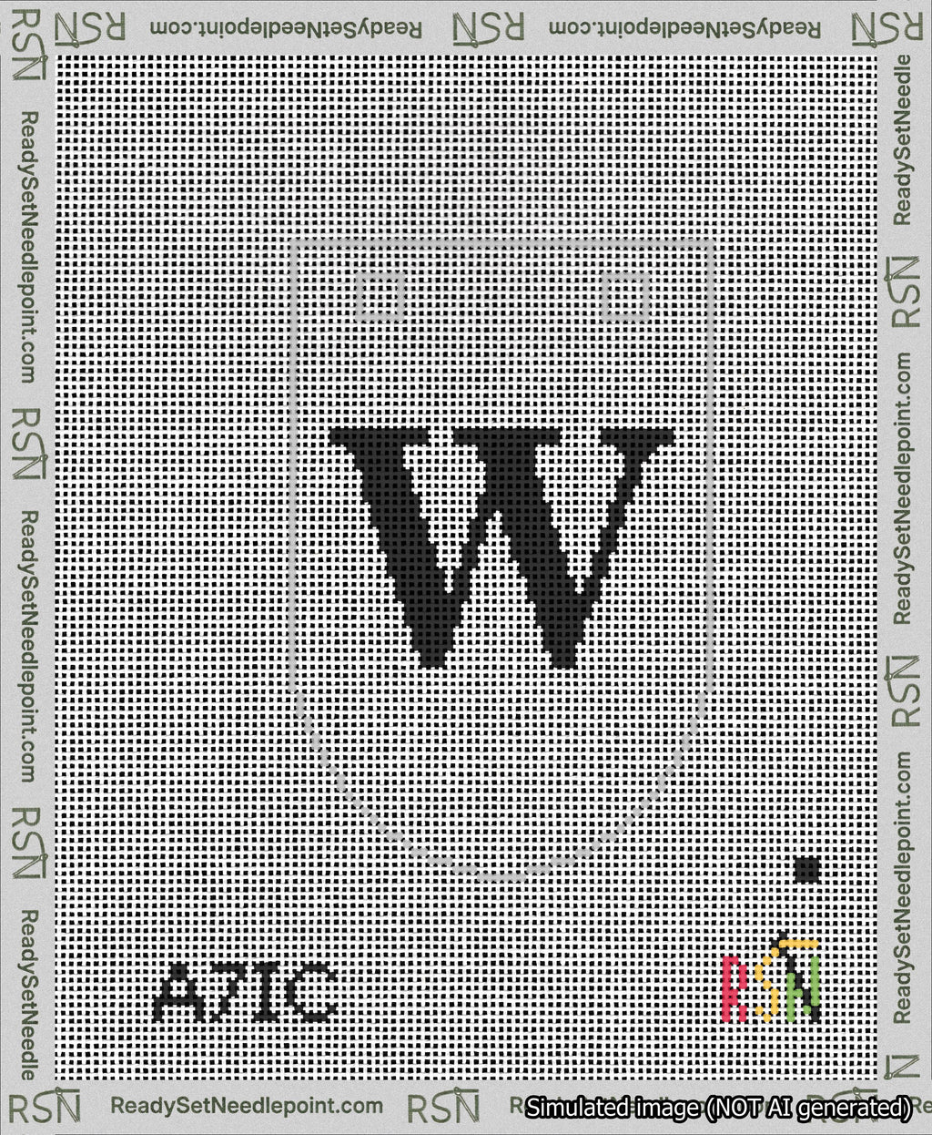 A taped needlepoint canvas with the design: Banner 13 mesh count Rounded W Black on White.