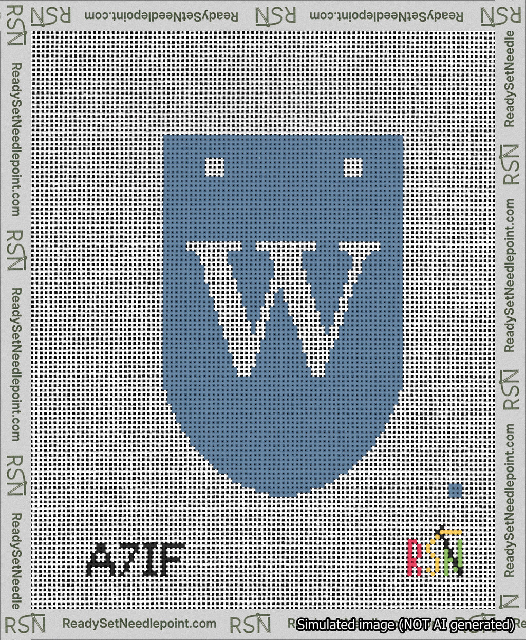 A taped needlepoint canvas with the design: Banner 13 mesh count Rounded W White on Blue.