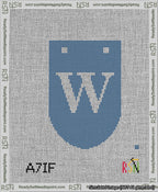 A taped needlepoint canvas with the design: Banner 13 mesh count Rounded W White on Blue.