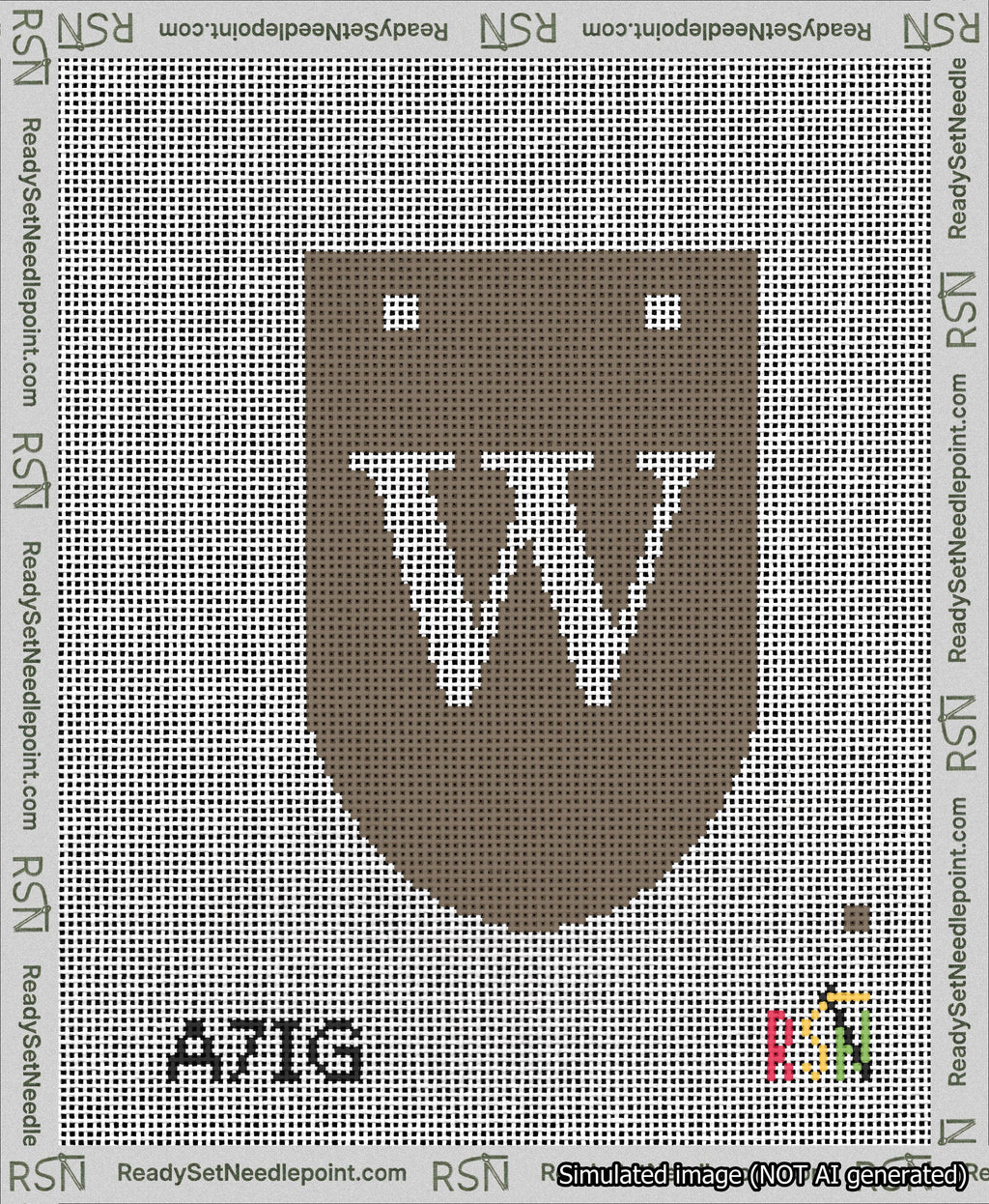 A taped needlepoint canvas with the design: Banner 13 mesh count Rounded W White on Brown.