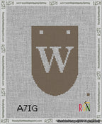 A taped needlepoint canvas with the design: Banner 13 mesh count Rounded W White on Brown.