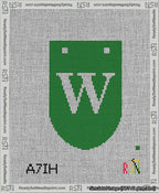 A taped needlepoint canvas with the design: Banner 13 mesh count Rounded W White on Green.
