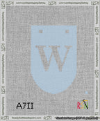 A taped needlepoint canvas with the design: Banner 13 mesh count Rounded W White on Light Blue.