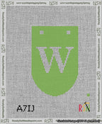 A taped needlepoint canvas with the design: Banner 13 mesh count Rounded W White on Light Green.