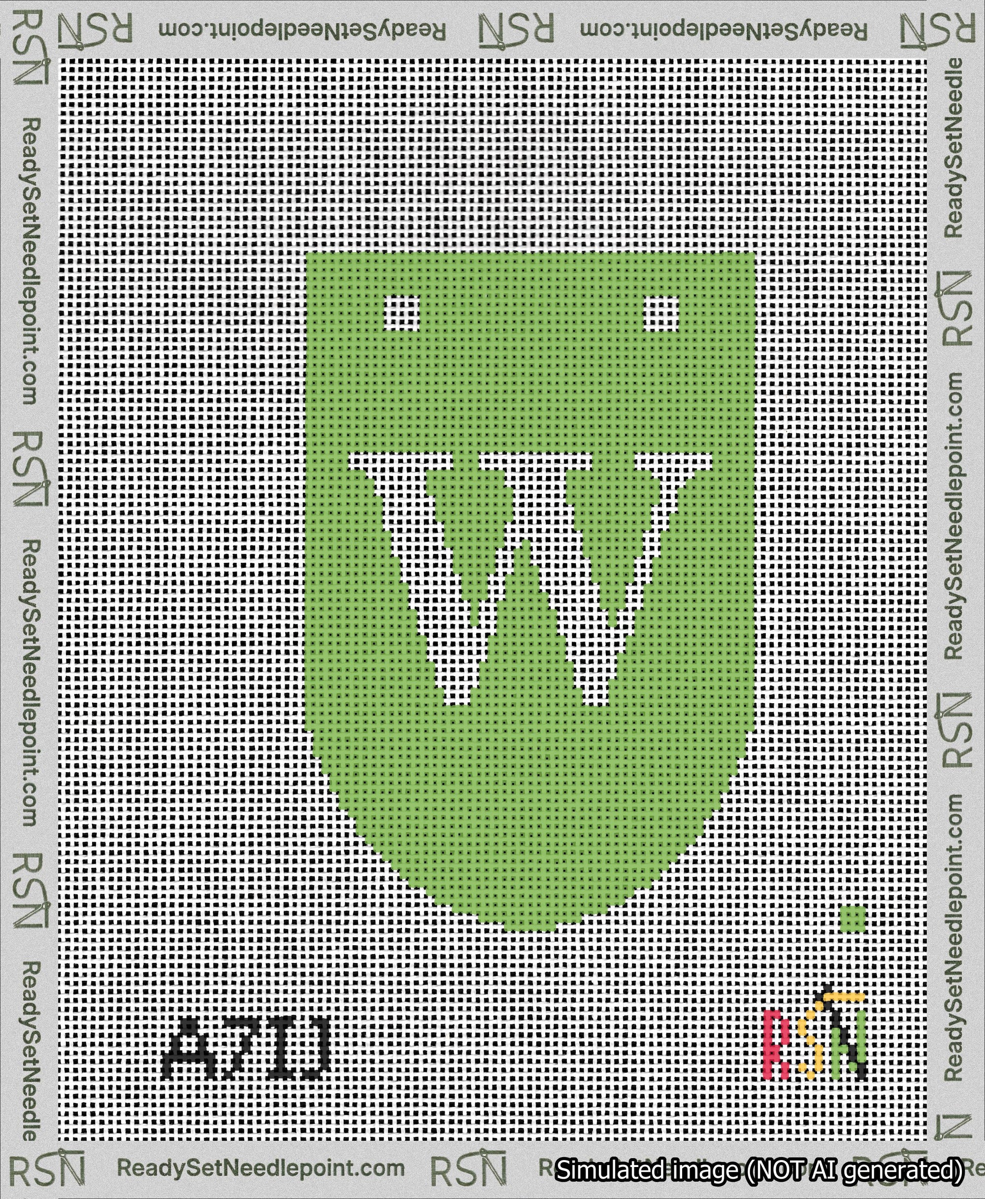 A taped needlepoint canvas with the design: Banner 13 mesh count Rounded W White on Light Green.