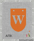 A taped needlepoint canvas with the design: Banner 13 mesh count Rounded W White on Orange.
