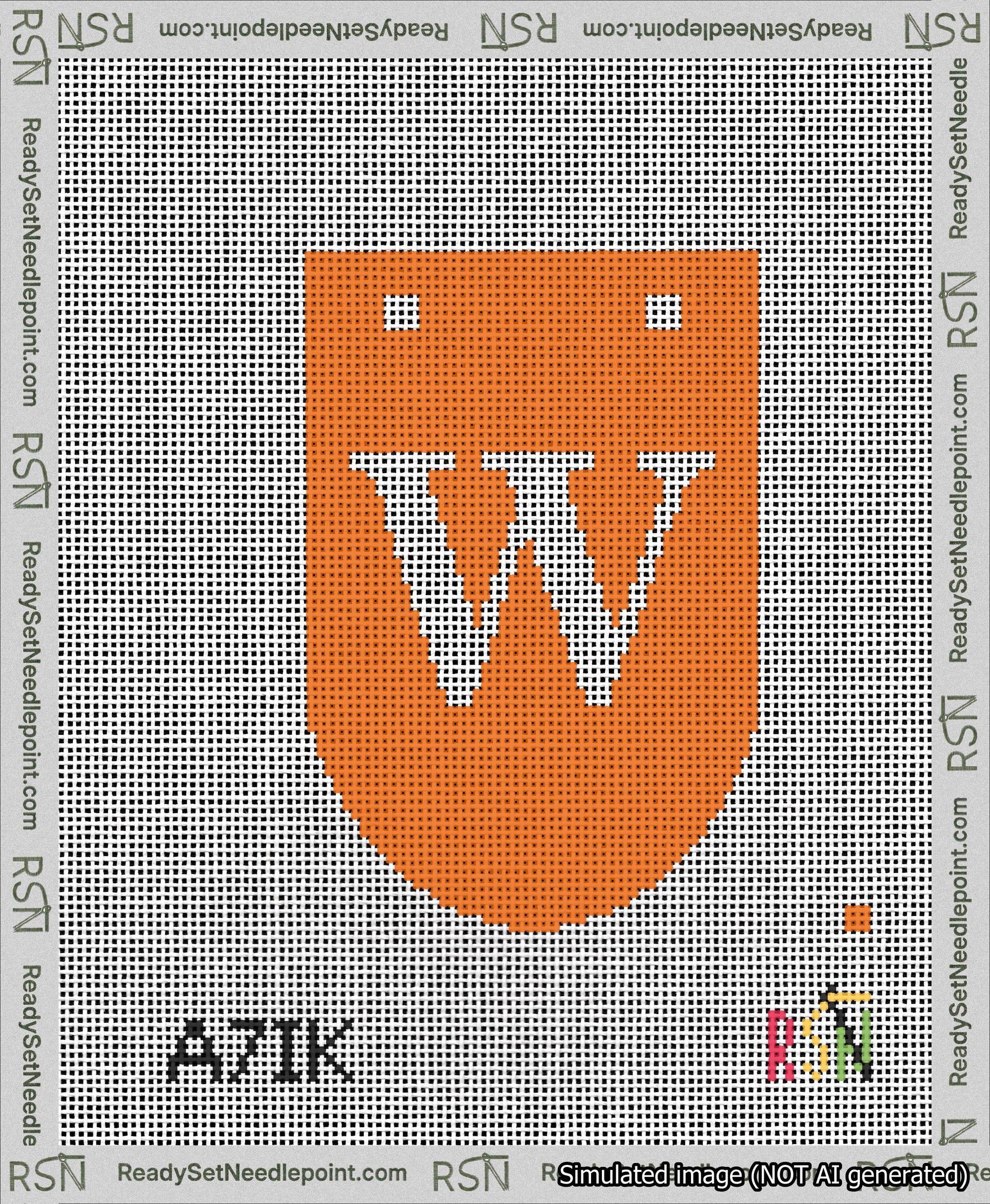 A taped needlepoint canvas with the design: Banner 13 mesh count Rounded W White on Orange.