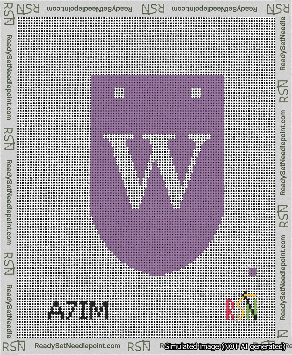 A taped needlepoint canvas with the design: Banner 13 mesh count Rounded W White on Purple.
