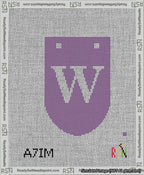 A taped needlepoint canvas with the design: Banner 13 mesh count Rounded W White on Purple.