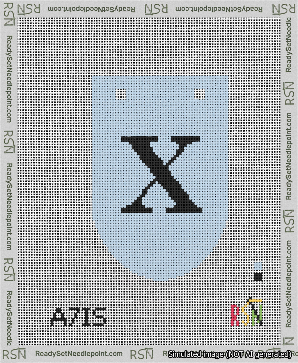 A taped needlepoint canvas with the design: Banner 13 mesh count Rounded X Black on Light Blue.