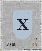 A taped needlepoint canvas with the design: Banner 13 mesh count Rounded X Black on Light Blue.