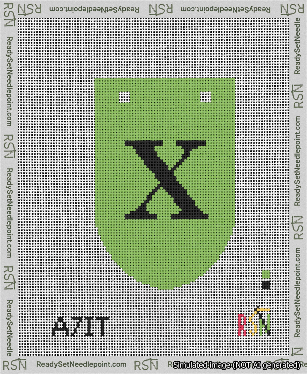 A taped needlepoint canvas with the design: Banner 13 mesh count Rounded X Black on Light Green.
