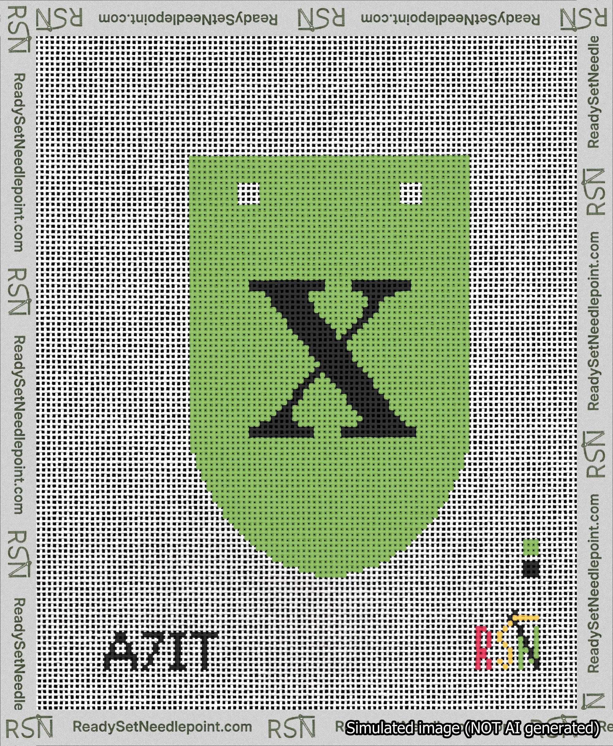 A taped needlepoint canvas with the design: Banner 13 mesh count Rounded X Black on Light Green.