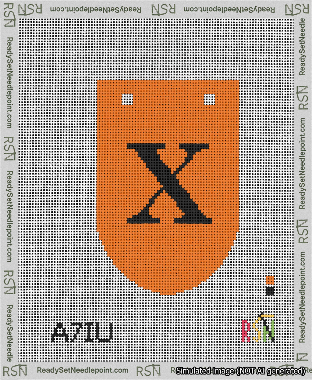 A taped needlepoint canvas with the design: Banner 13 mesh count Rounded X Black on Orange.