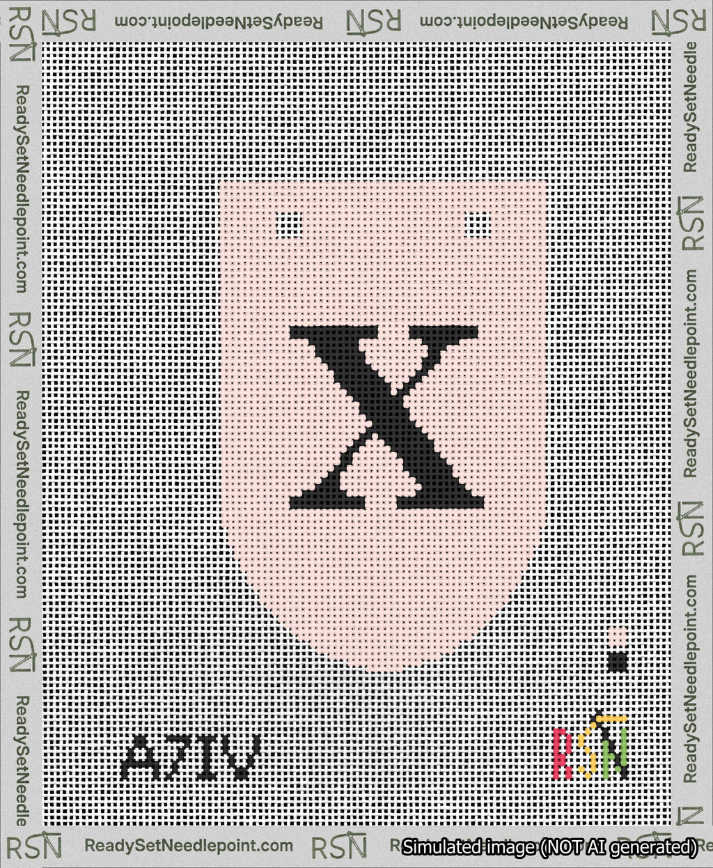 A taped needlepoint canvas with the design: Banner 13 mesh count Rounded X Black on Pink.
