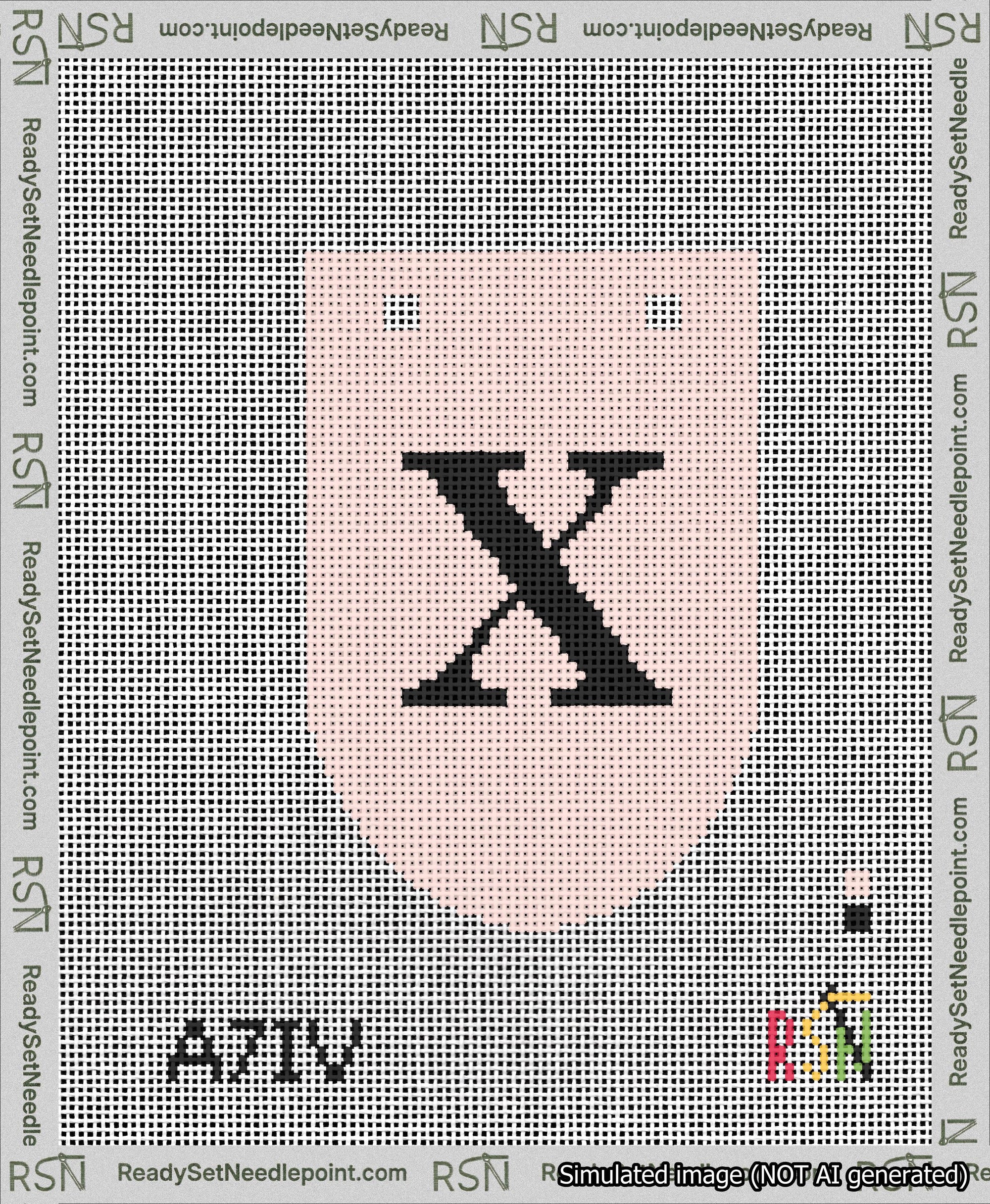 A taped needlepoint canvas with the design: Banner 13 mesh count Rounded X Black on Pink.