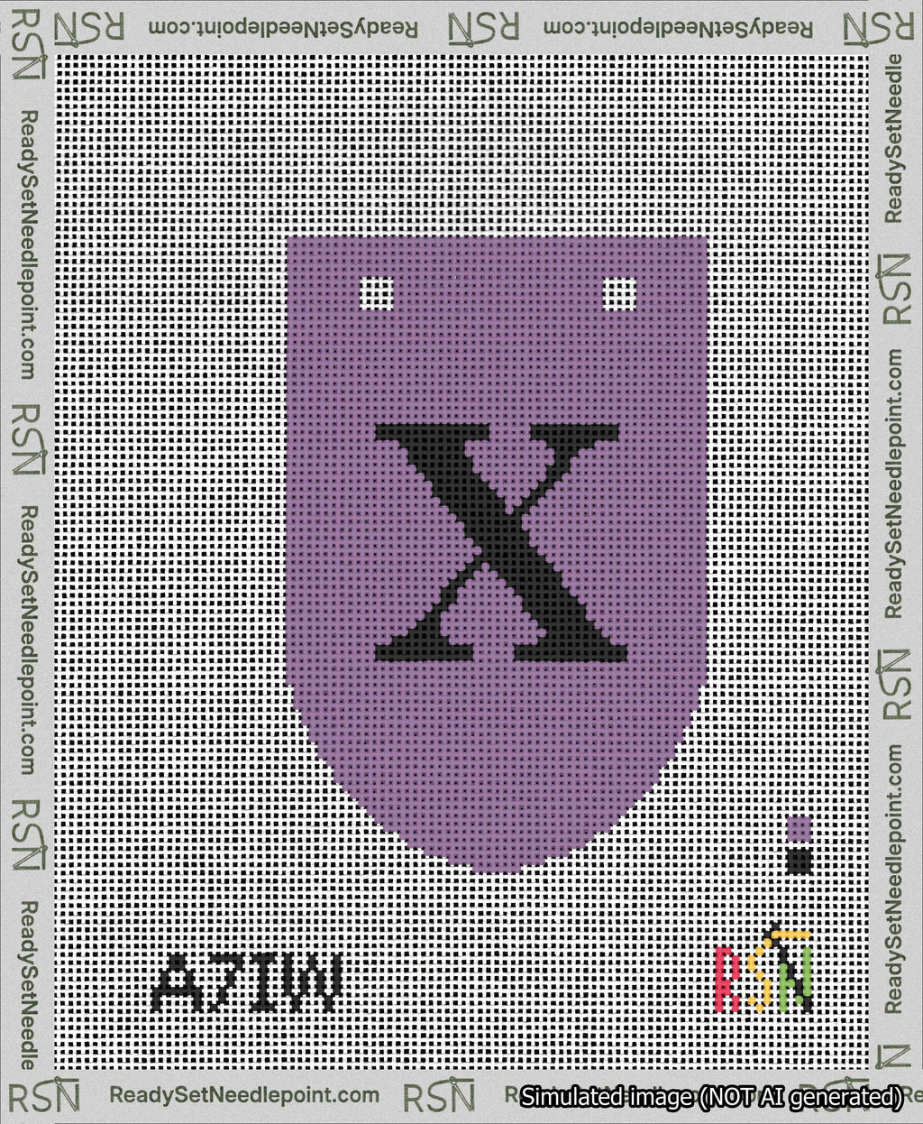 A taped needlepoint canvas with the design: Banner 13 mesh count Rounded X Black on Purple.