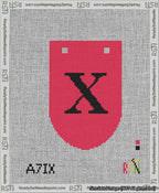 A taped needlepoint canvas with the design: Banner 13 mesh count Rounded X Black on Red.