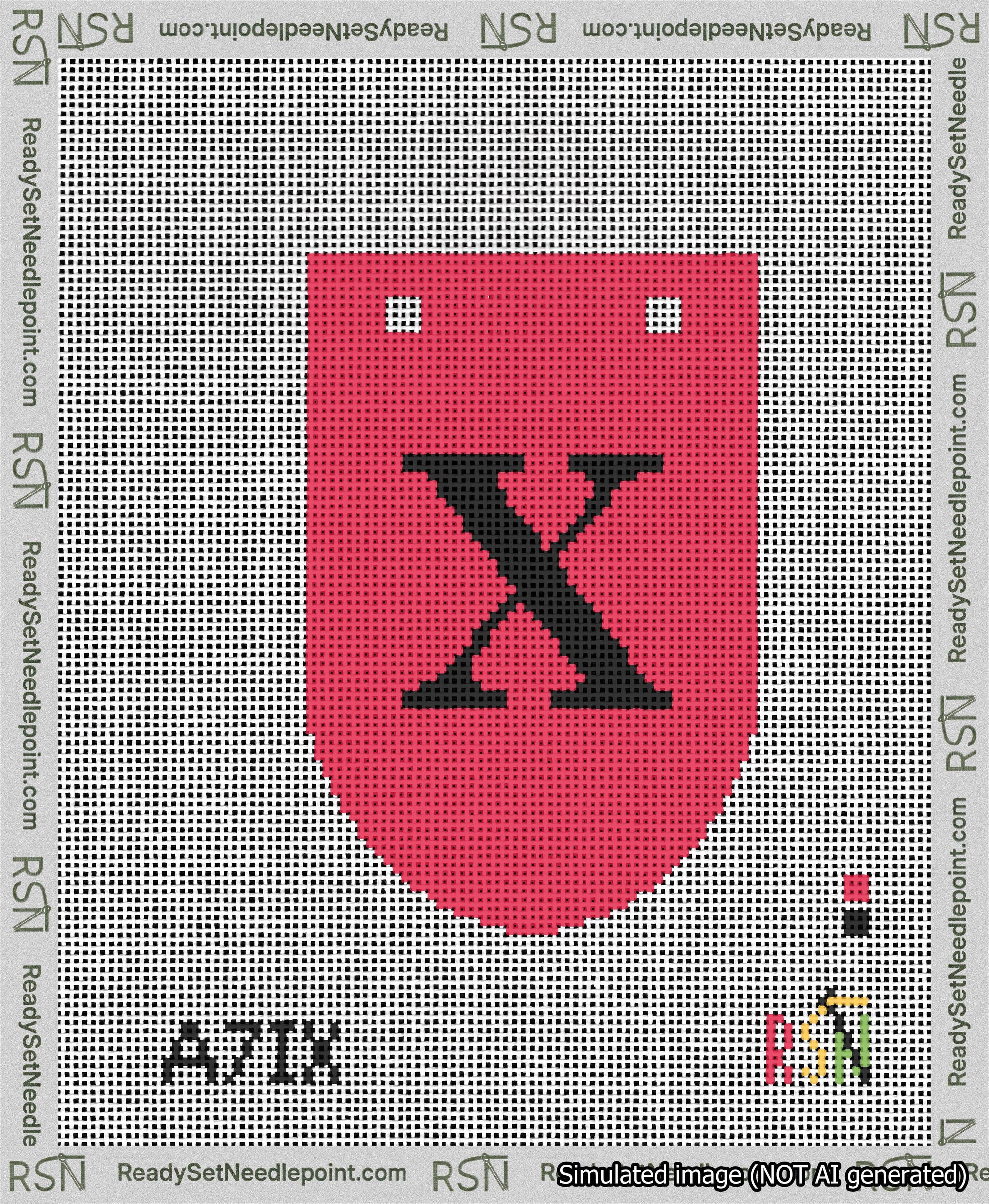 A taped needlepoint canvas with the design: Banner 13 mesh count Rounded X Black on Red.