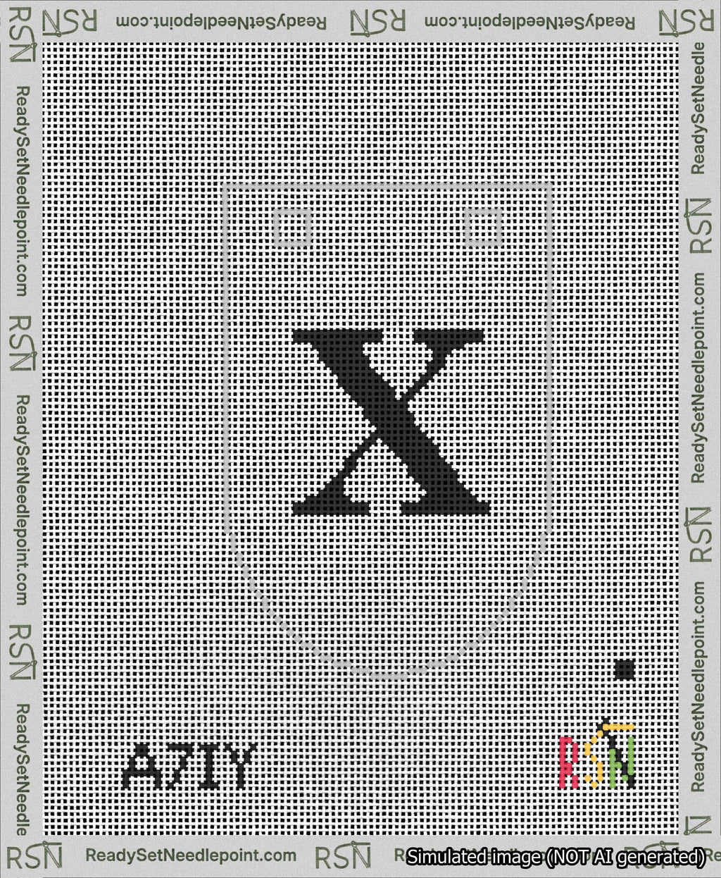 A taped needlepoint canvas with the design: Banner 13 mesh count Rounded X Black on White.