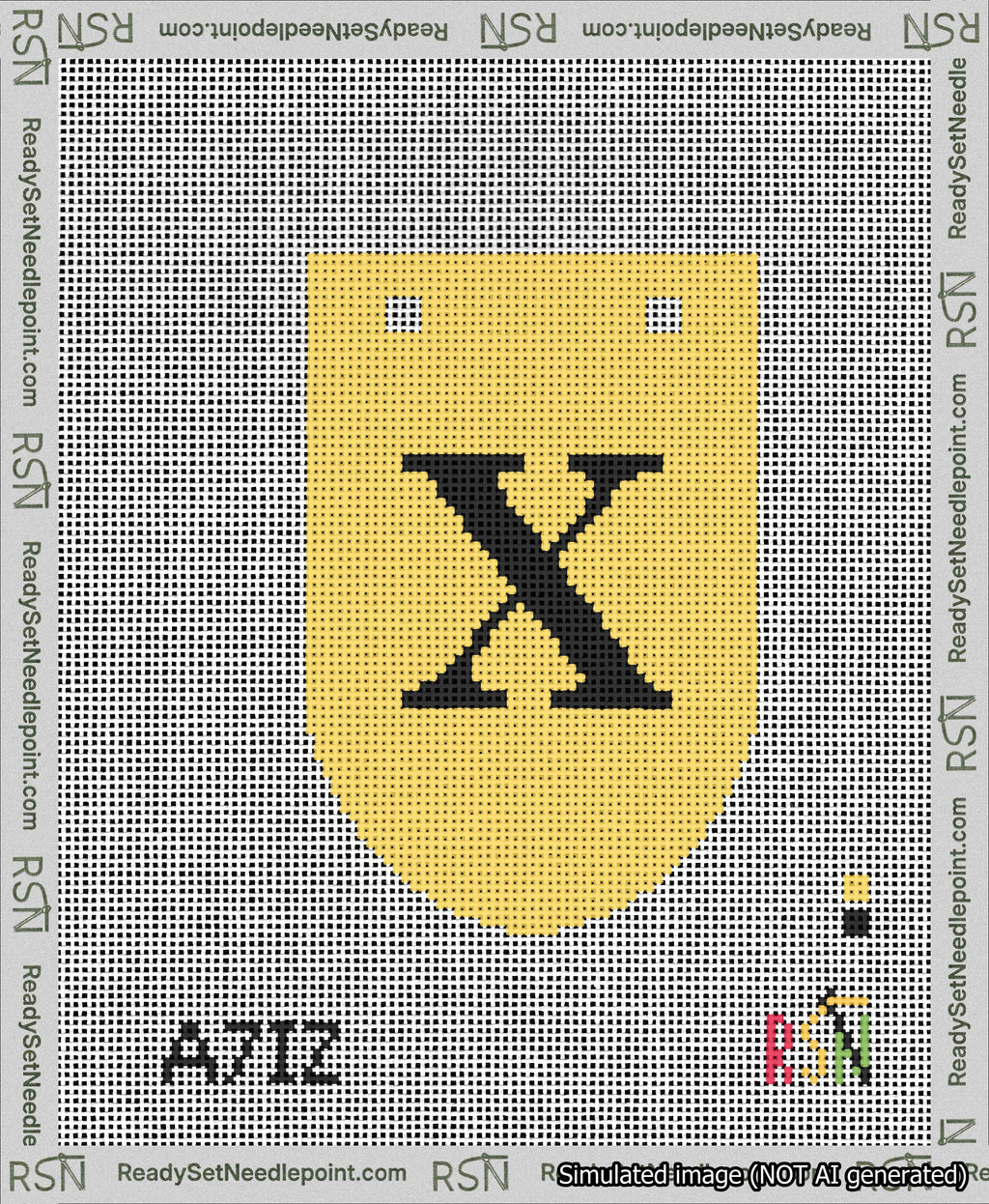 A taped needlepoint canvas with the design: Banner 13 mesh count Rounded X Black on Yellow.