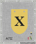 A taped needlepoint canvas with the design: Banner 13 mesh count Rounded X Black on Yellow.