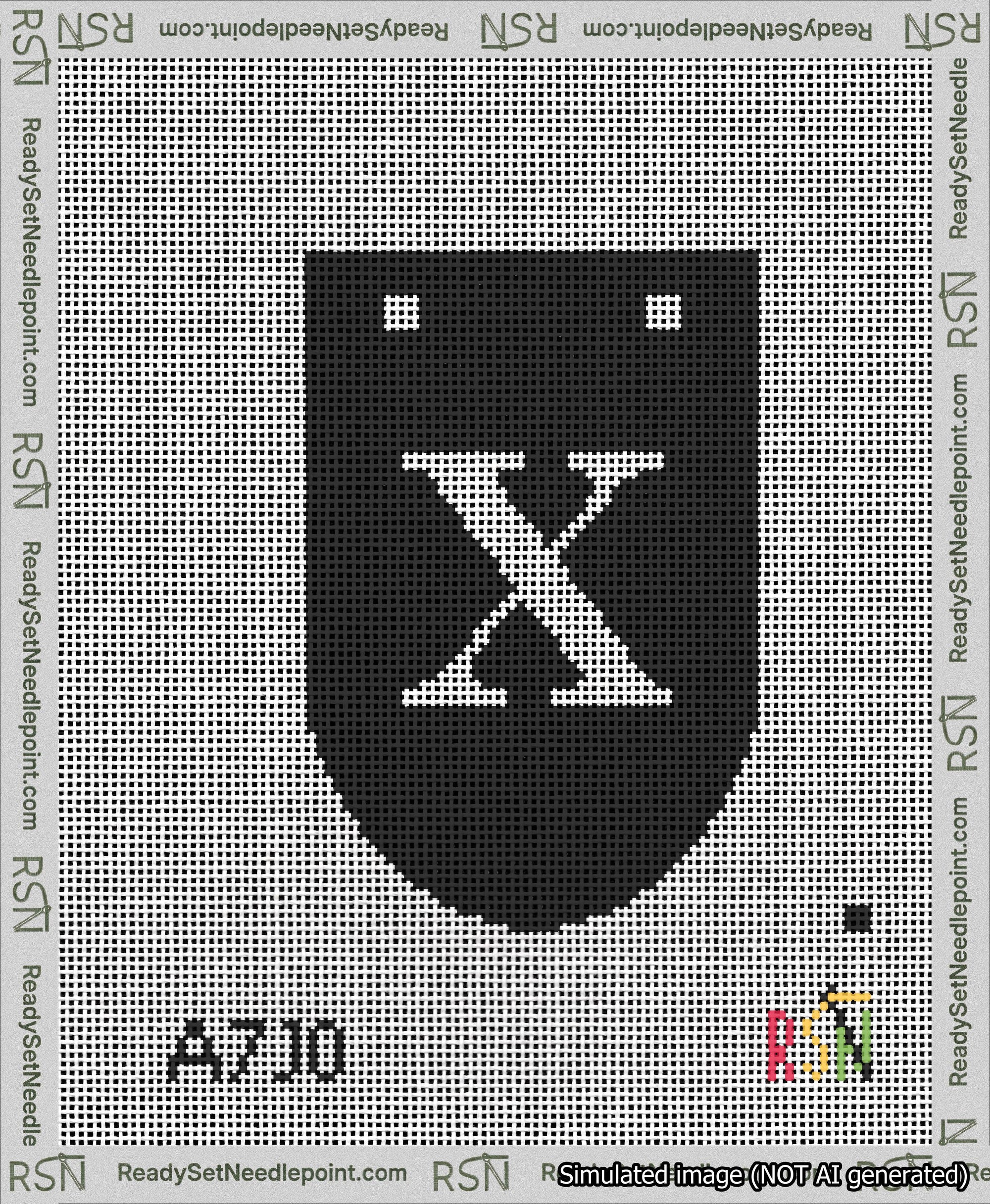 A taped needlepoint canvas with the design: Banner 13 mesh count Rounded X White on Black.