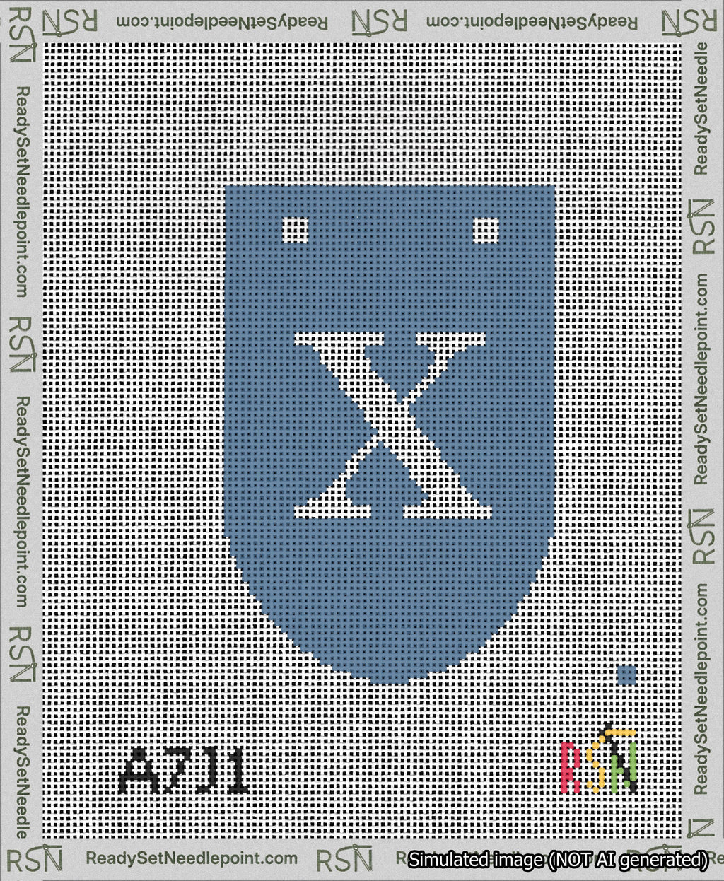 A taped needlepoint canvas with the design: Banner 13 mesh count Rounded X White on Blue.