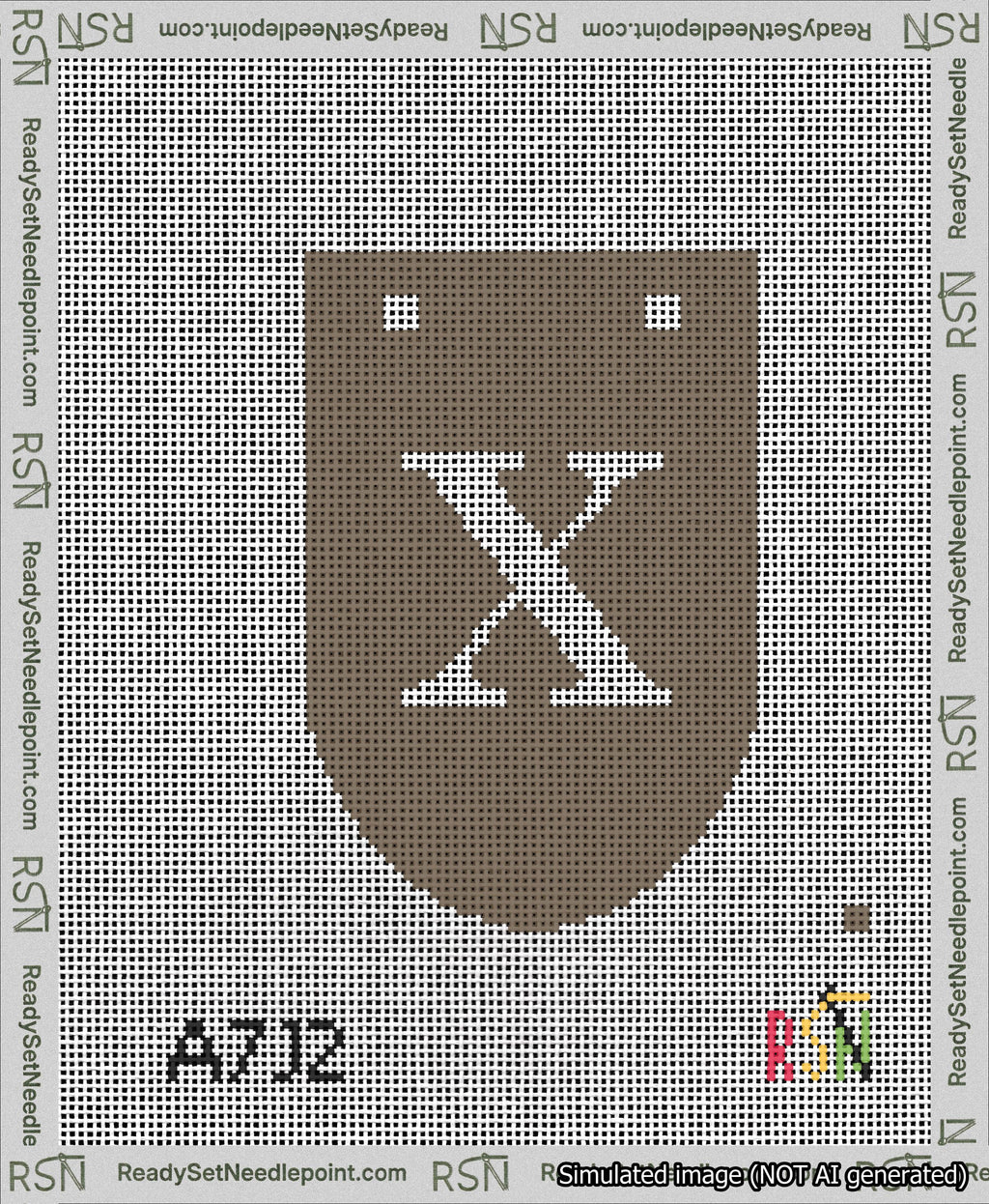 A taped needlepoint canvas with the design: Banner 13 mesh count Rounded X White on Brown.