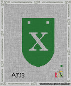 A taped needlepoint canvas with the design: Banner 13 mesh count Rounded X White on Green.