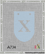 A taped needlepoint canvas with the design: Banner 13 mesh count Rounded X White on Light Blue.