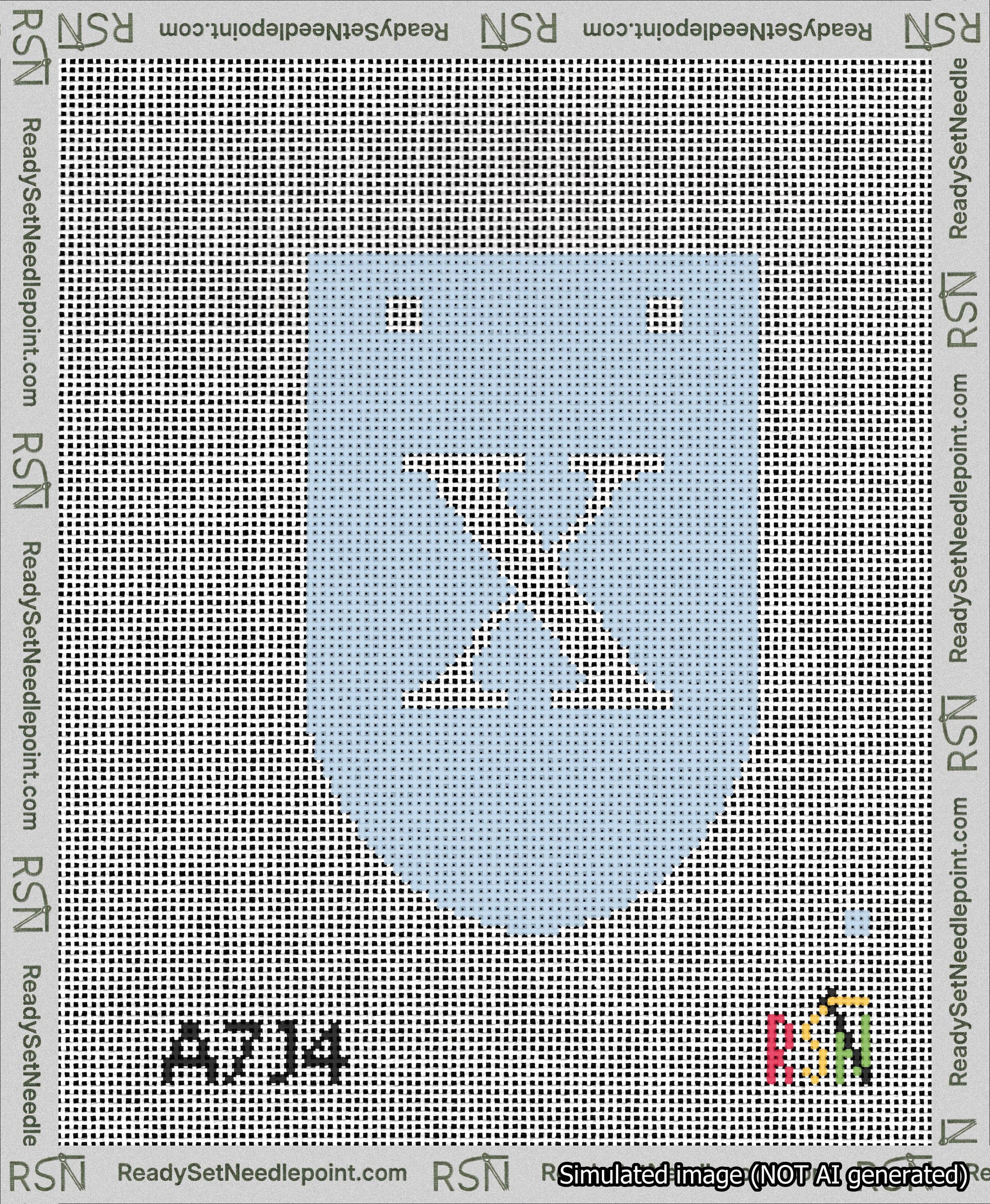 A taped needlepoint canvas with the design: Banner 13 mesh count Rounded X White on Light Blue.